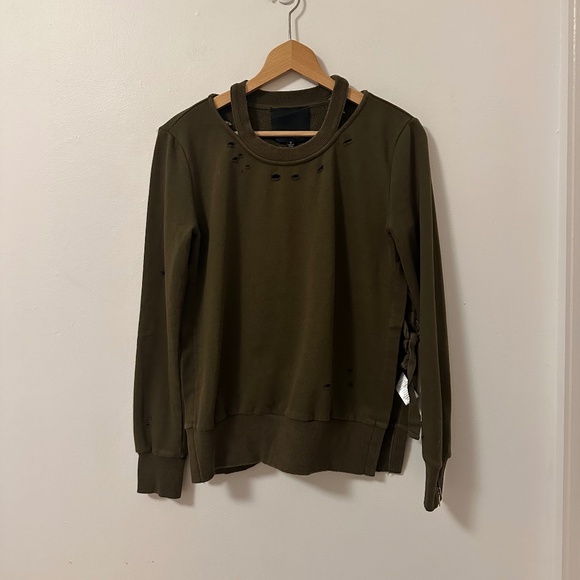 Fate by LFD Olive Green Distressed Sweatshirt with Open Tie Sides | Size Small - Picture 1 of 10